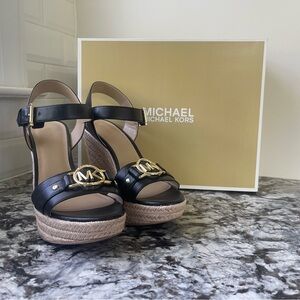Michael Kors Rory MK Logo Black Espadrille Wedges Sandals 9.5